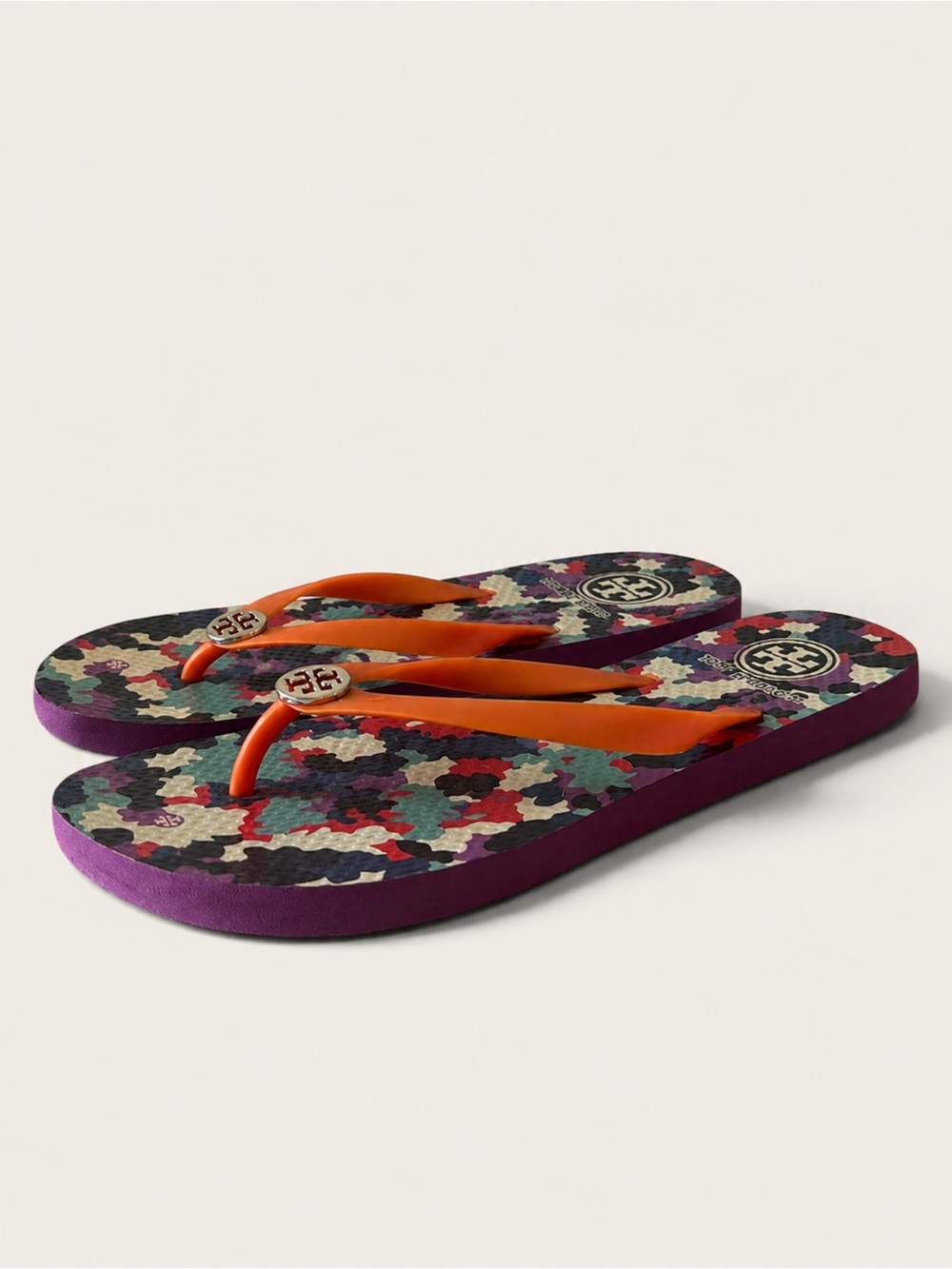 Tory Burch Orange-Strap Flip Flop Sandals with Multicolor Printed Footbed